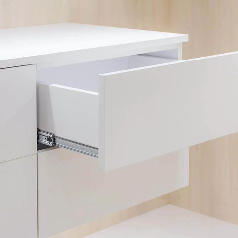 Open white drawer showing 22-inch soft-close drawer slides with metal ball bearing, highlighting side mount design in cabinet setup.