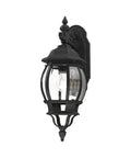 Frontenac 1 Light Outdoor Wall Lantern with clear beveled glass shades black finish, classic design for patios and porches.