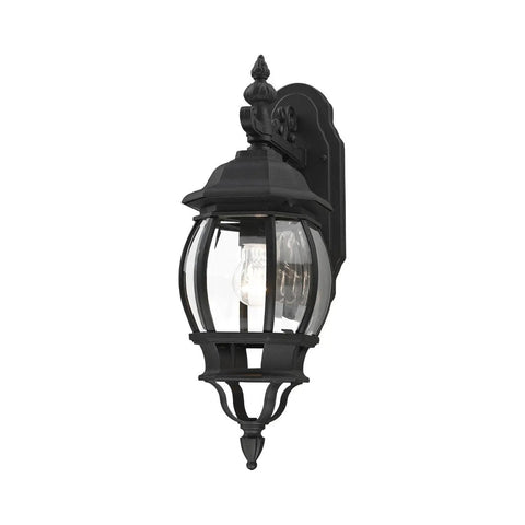 Frontenac 1 Light Outdoor Wall Lantern with clear beveled glass shades black finish, classic design for patios and porches.