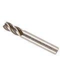 Angled side view of HSS 4-flute end mill with straight shank, 10 mm diameter