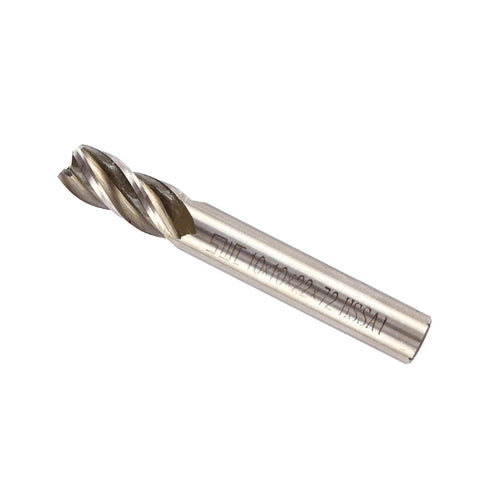 Angled side view of HSS 4-flute end mill with straight shank, 10 mm diameter