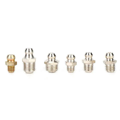 Iron plated grease nipples assortment from the Grease Nipple Fitting Kit For Mechanics, showcasing M6 and M8 threads.
