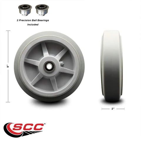 Bulletproof 8 X 2 Inch Replacement Thermoplastic Rubber Flat Tread Wheel With Precision Ball Bearing And Half Inch Bore for cart projects, showing dimensions.
