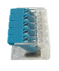 Straight Shooting 5 Pin Quick Connect Wire Connector With Solid Grip Lever Action Push In Design For Heavy Duty Electrical Wiring Repairs 32 Amp Compact Terminal Block 10 Pack side view showing blue levers and clear housing.