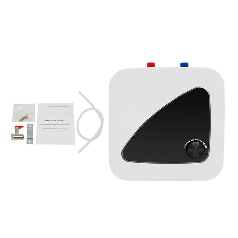 Hella Compact 2.1 Gallon Electric Mini Tank Water Heater With Instant Kickin Hot Flow For Under Sink Kitchen Bathroom RV Use Featuring Durable Stainless Steel Build Zero Hassle Wall Mount Install top view with installation accessories and manual.