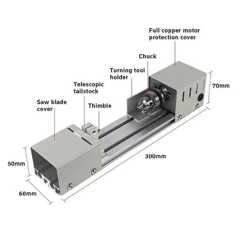 BACHIN mini wood lathe on metal base with chuck and motor housing; 300mm bed, 12–24V, 96W, 7 speeds
