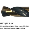 Heavy Duty Setup 6 Piece One Half Inch Black Gold High Speed Twist Drill Bit Set showing a 135° split point design for direct drilling.