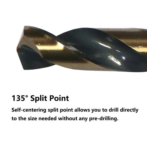 Heavy Duty Setup 6 Piece One Half Inch Black Gold High Speed Twist Drill Bit Set showing a 135° split point design for direct drilling.