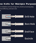 TCAP all-in-one metal drilling tool with interchangeable tips; shows drill hole, bore hole, end face, and excircle