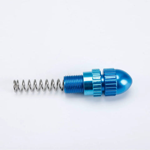 Top Shelf Pneumatic Spray Gun Replacement Parts Straight Up Compression Spring And Smooth Paint Knob, stainless steel and blue aluminum.