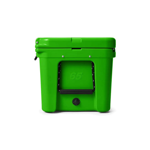 Heavy Duty 65 Quart Rotomolded Hard Shell Cooler Locks In Frost All Day Long To Keep Cold Brews And Fresh Catch Chilled For Tailgates Or Summer Getaways In Canopy Green, front view.