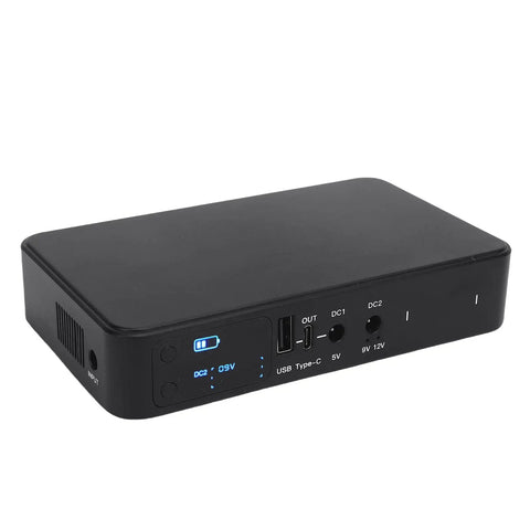 Heavy Duty Ups Power Supply 18000Mah Battery Backup with ports for routers and cameras, digital display, sleek black design.