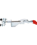 Double Head Elbow Joint Clamp With 45kg Clamping Power And 30mm Stroke Quick Release Push Pull Clamp For Woodworking Fixtures Pocket Hole Jigs Welding And Cross Cut Projects Easy Mounting And Durable Heavy Duty Construction, Workshop Ready. Side view of metal clamp with red handle