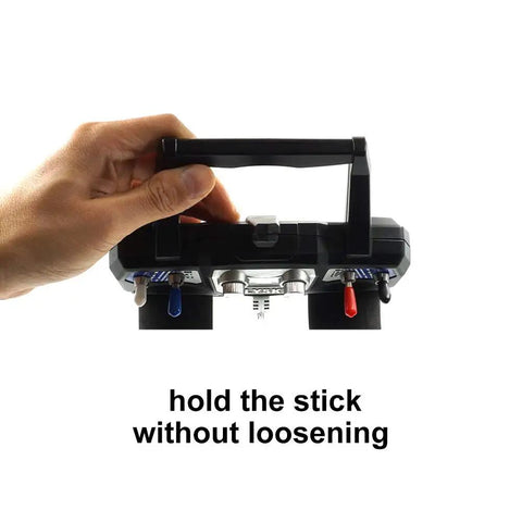 RC transmitter held by hand with stick protectors, showcasing fit and easy transport. 4 Pack RC Transmitter Stick Protector Covers For FrSky X9D X7 Jumper T16 FlySky TH9X Spektrum Durable Caps To Guard Sticks During Transport Grab And Go Travel Ready Fits Most Brands Easy On And Off.