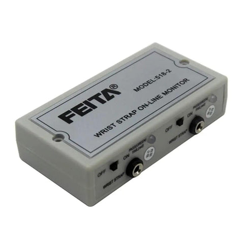 Model 518-2 ESD Wrist Strap Online Monitor with dual inputs and labels for plug-and-play anti-static use at workstations.