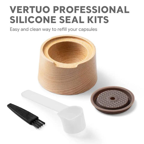 Reusable Silicone Seal Kit For Nespresso VertuoLine Pods Convert Disposable Capsules Into Reusable displayed with tools