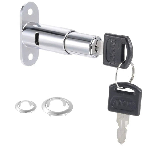 Heavy Duty Smooth Glide Push Plunger Lock 3/4 Inch Cylinder Diameter 1.5 Inch Length Solid Zinc Chrome Finish Keyed Alike 2 Pack with keys and parts