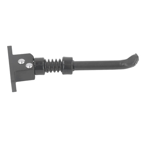 Side view of Durable Aluminum Electric Scooter Kickstand Stand Holder Parking Support Easy Install For Daily Parking And Storage Fits Most Electric Scooters Stable Ground Grip Replacement Part in black aluminum with mounting plate and spring detail.