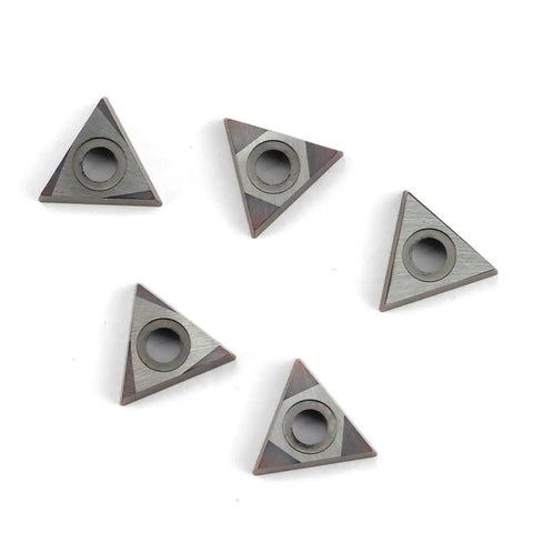 Five Pro Grade Carbide Turning Inserts For Lathe TCMT16T304 60 Degree Diamond, showing 16.5mm cut length and 9.525mm hole.