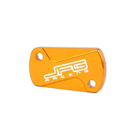 Premium 6061 T8 Aluminum Front And Rear Brake Fluid Reservoir Cover Cap Set For RM125 RM250 2001 2008 RMZ250 2007 2022 RMZ450 2005 2022 RMX450Z 2010 2017 Dirt Bike Gold Finish showing front side of gold cover with branding.