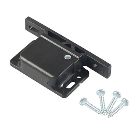 Heavy Duty Universal RV Drawer Latch with screws for securing cabinets and storage; durable black material.