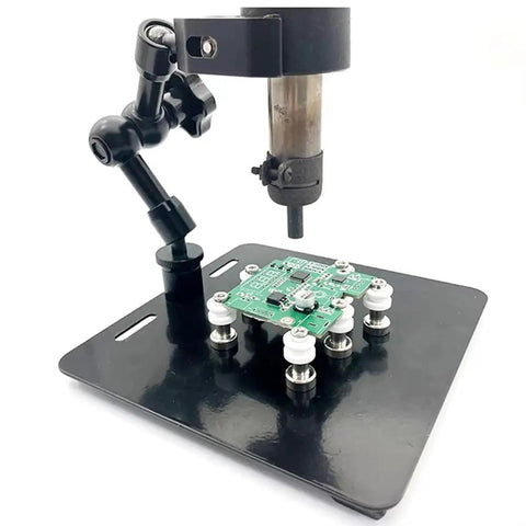 Adjustable Hot Air Gun Stand With Hands Free Holder For BGA Rework And PCB Desoldering Durable Aluminum Clamp Fits Up To 55mm in use