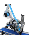 Straight Up Real Deal Fully Automatic Labeling Machine For Flat Surfaces With Touch Screen Control and Smart Auto Correction Crushes 25 To 50 Labels Per Minute Zero Sweat Industrial Packing Essential For Main Street Stores, showcasing the label application mechanism.