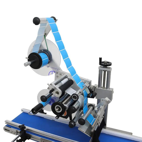 Straight Up Real Deal Fully Automatic Labeling Machine For Flat Surfaces With Touch Screen Control and Smart Auto Correction Crushes 25 To 50 Labels Per Minute Zero Sweat Industrial Packing Essential For Main Street Stores, showcasing the label application mechanism.