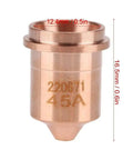Heavy Duty Plasma Cutter Consumables Kit With Copper Electrode And Nozzle Set For Industrial 45A Torch Replacement Parts Plus Spares, close-up of copper nozzle measuring 12.4mm x 16.5mm.