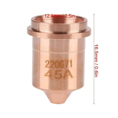 Heavy Duty Plasma Cutter Consumables Kit With Copper Electrode And Nozzle Set For Industrial 45A Torch Replacement Parts Plus Spares, close-up of copper nozzle measuring 12.4mm x 16.5mm.