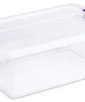 Heavy Duty Clear Plastic Storage Totes With Secure Latching Lids Hella Sturdy Bulk Bin Bundle For Home And Office Clutter Busting Tight Seal Stops Dust And Bugs - transparent tote with purple latches, ideal for organization.