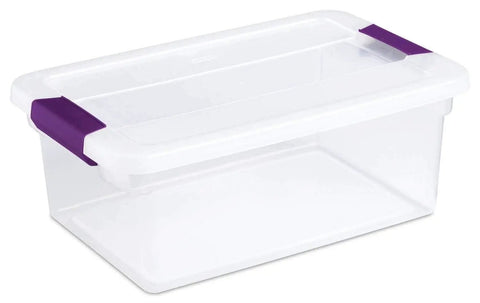 Heavy Duty Clear Plastic Storage Totes With Secure Latching Lids Hella Sturdy Bulk Bin Bundle For Home And Office Clutter Busting Tight Seal Stops Dust And Bugs - transparent tote with purple latches, ideal for organization.