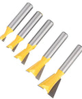 Pro Grind Five Piece Dovetail Router Bit Set Delivers Slick Cuts For Cabinets Door Frames And Ceiling Lines Heavy Duty Woodworking End Milling Cutter Built For Badass Hardwood And Softwood Finish Work, five cutter bits in various sizes.