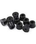 Built Tough Pro Grade Rubber Floor Savers For Chairs And Tables Non Slip Screw In Glides With Shock Absorbing Bumpers To Shield Hardwood From Scratches And Slipping 10 Piece Pack black rubber glides arranged in a cluster.