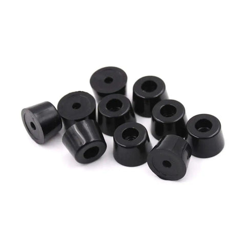 Built Tough Pro Grade Rubber Floor Savers For Chairs And Tables Non Slip Screw In Glides With Shock Absorbing Bumpers To Shield Hardwood From Scratches And Slipping 10 Piece Pack black rubber glides arranged in a cluster.
