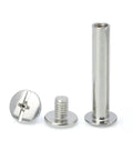 Badass 304 Stainless Steel Binding Screws With Knockout Nickel Polish designed for tough leather work, showing parts and sizes.
