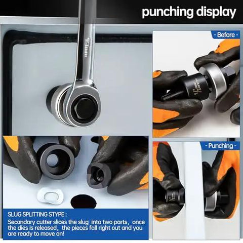 Heavy Duty Knockout Hole Punch Kit in use, showing wrench and punch for electrical conduit in multiple sizes on steel
