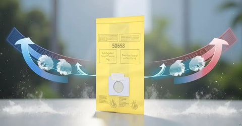 Replacement Vacuum Bags For Kenmore Canister Type C And Panasonic Type C5 Vacuums 9 Pack White Compatible With Q 50555 50558 50557 Easy To Install Durable Paper Bags For Frustration Free Cleaning with air flow arrows and particles.