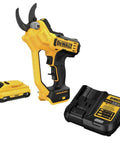 20V Max Cordless Pruner Kit with 4Ah battery and charger, showing pruner tool in yellow with black details and cutting blades