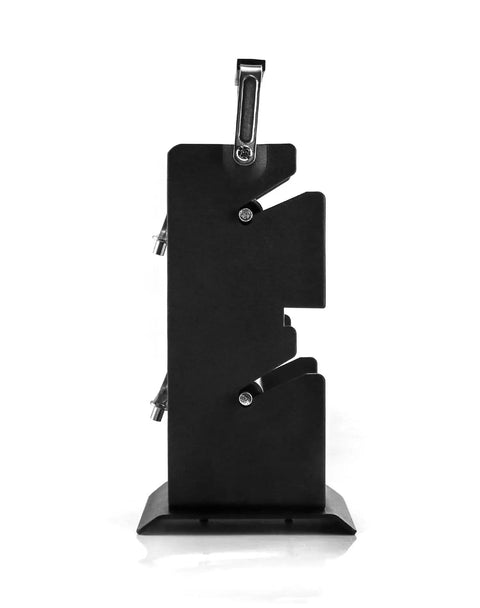 Side view of Dual Solder Dispenser Reel With Adjustable Roll Holder, all-metal construction, heavy duty spool feeder, black finish.