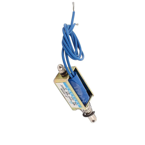 12V DC Solenoid Electromagnet With 5N Pull Push Type, 10mm Stroke, 300mA Current, Tiny Dope Metal Actuator For DIY Electronics Projects, Mini Magnetic Actuator Model JF-0530B with blue wires and spring plunger