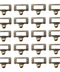 Set Of 20 Antique Iron Cup Pull Handles For Cabinets And Drawers Bronze Tone Finish With Subtle Label Frame Card Holder Style