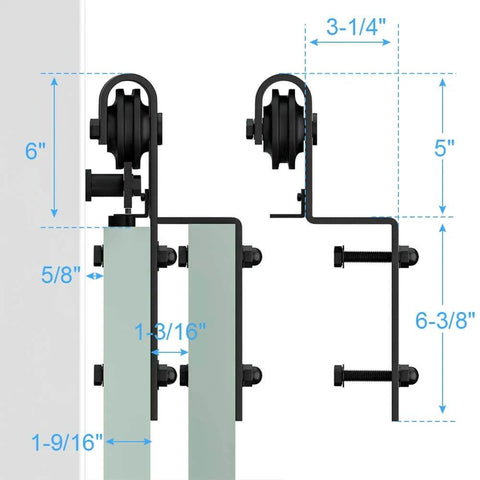 Side view of Bypass Barn Door Hardware Kit With Heavy Duty Roller Anti Jumper Floor Guide Stopper And Accessories Easy Install Quiet Operation J Shape Offset Style Track System For Doors Up To 200 Lbs with dimensions