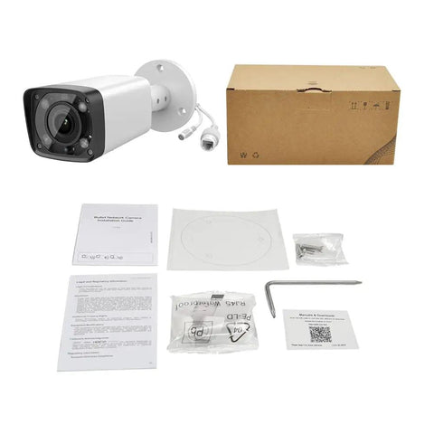 4MP PoE Bullet Security Camera With 5X Optical Zoom Motorized Lens 2.7-13.5mm, box, and setup accessories