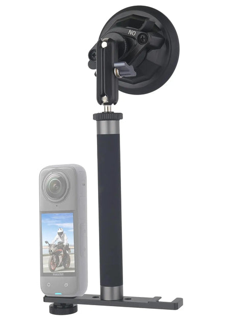 Go Anywhere Camera Extension Rod Mount One Quarter Inch Thread For Dash Cams And Action Gear Lightweight Aluminum Build Lock Down Male Female Adapter with suction cup and camera.