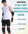 Person wearing Knee Pads Elbow Pads Wrist Guards Set For Skateboarding Roller Derby BMX Riding And Inline Skating