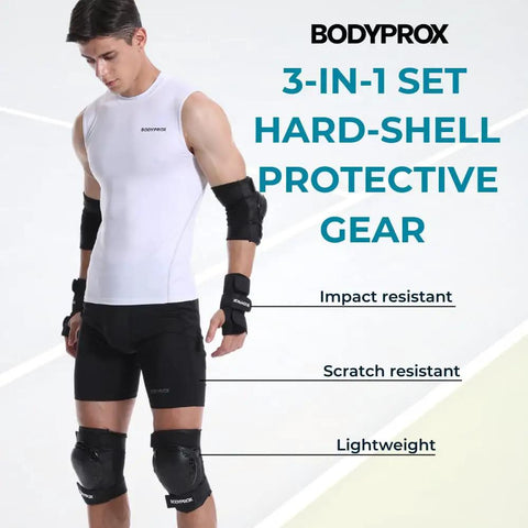 Person wearing Knee Pads Elbow Pads Wrist Guards Set For Skateboarding Roller Derby BMX Riding And Inline Skating