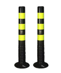Rock Solid 29.5 Inch Reusable Delineator Post Featuring Sharp Reflective Stripes For No Sweat Parking Lot Flow And Reliable Road Work Zone Safety Markers Black Two Pack, side view with yellow stripes.