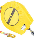 Self Retracting Lifeline For Construction On The Job Site Heavy Duty Fall Protection Yoyo Harness With Web Strap 11 Ft Reach Steel Shackle And Swivel Carabiner 330 Lb Capacity Energy Absorbing Shock Pack Reducing Fall Impact yellow casing with carabiners