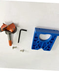 Front view of OSALADI hinge boring drill kit: blue plastic mounting jig, orange-tipped metal bit, hex key, screws.